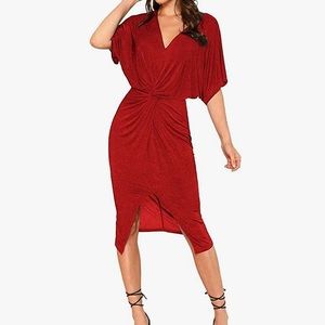 Short Sleeve V Neck Twist Front Split Midi Dres